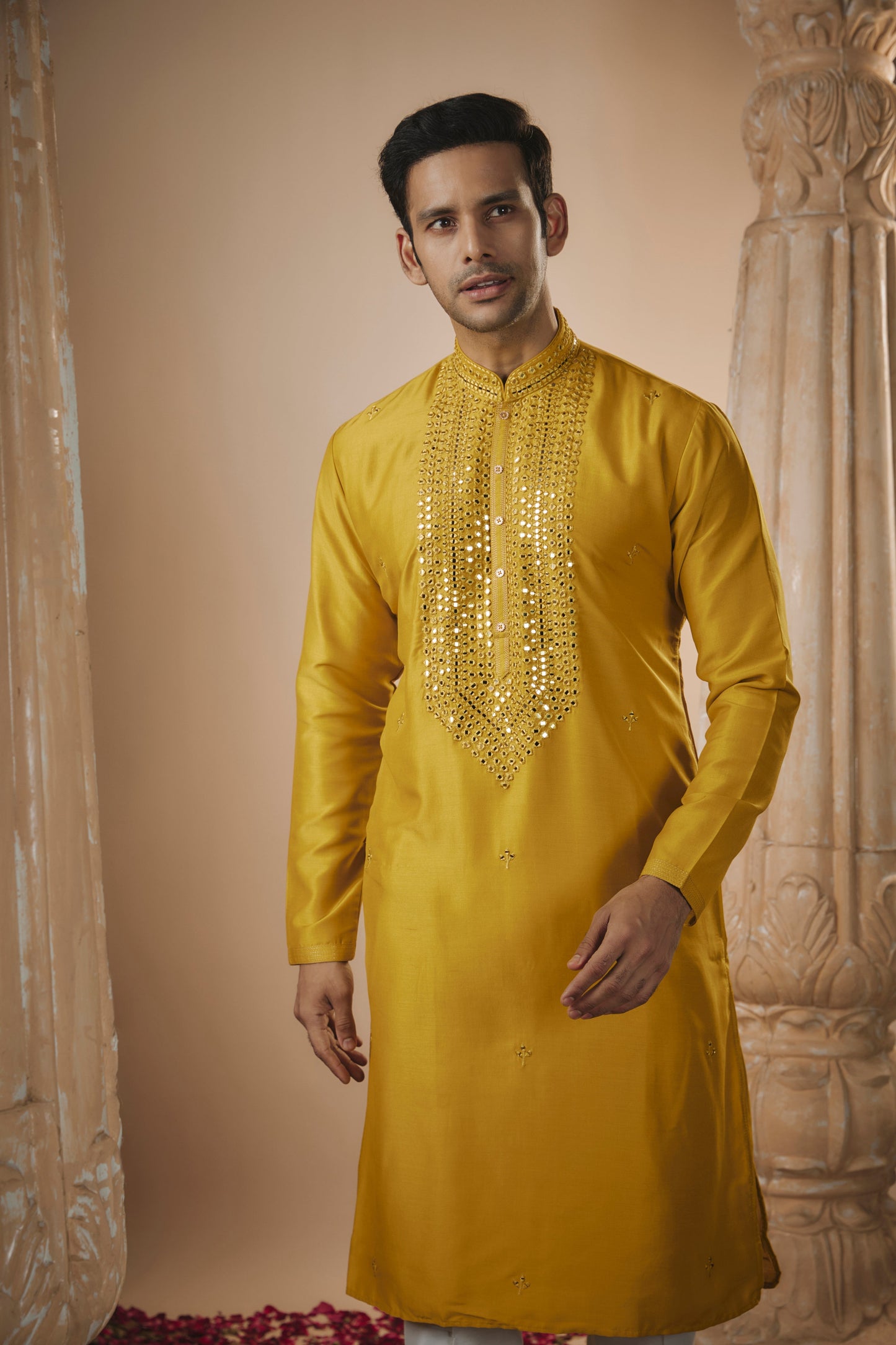 Sunglow yellow art silk mirror embroidered kurta set