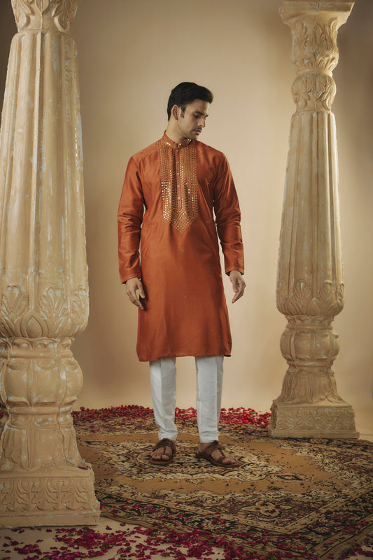 Brick red art silk mirror embroidered kurta set