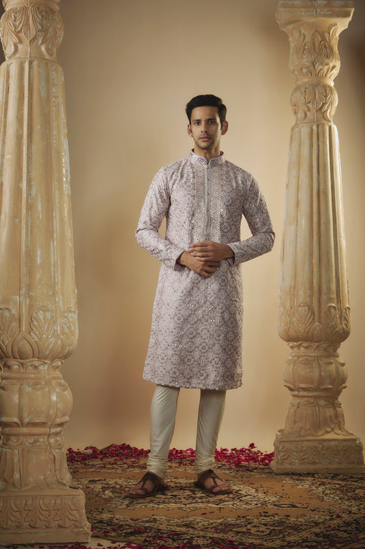 Light lilac lucknowi mirror embellished kurta set