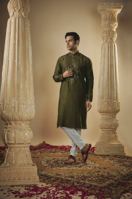 Mehendi green art silk mirror embroidered kurta set