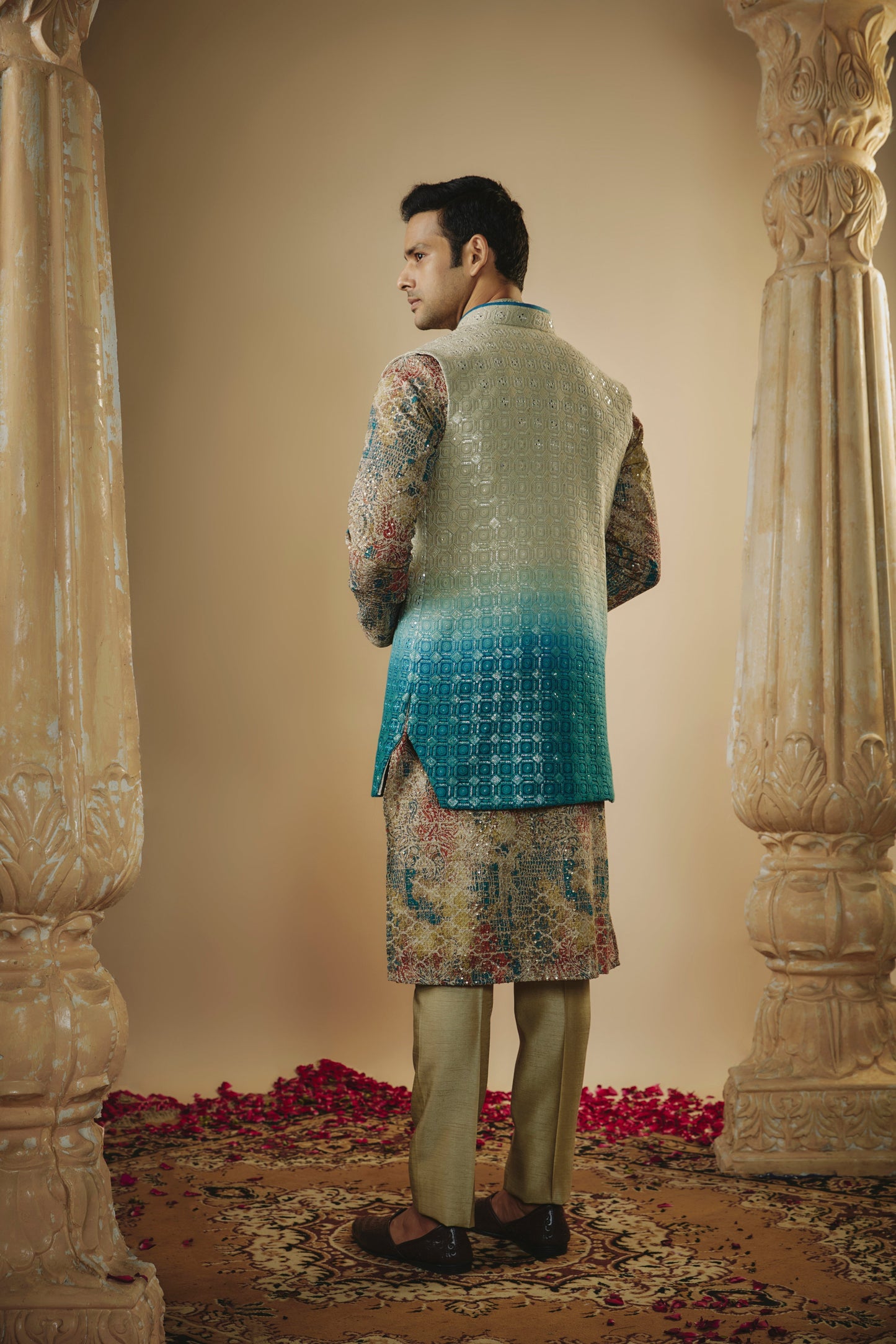 Skycream Multicoloured lucknowi digital print sequinned open kurta jacket set