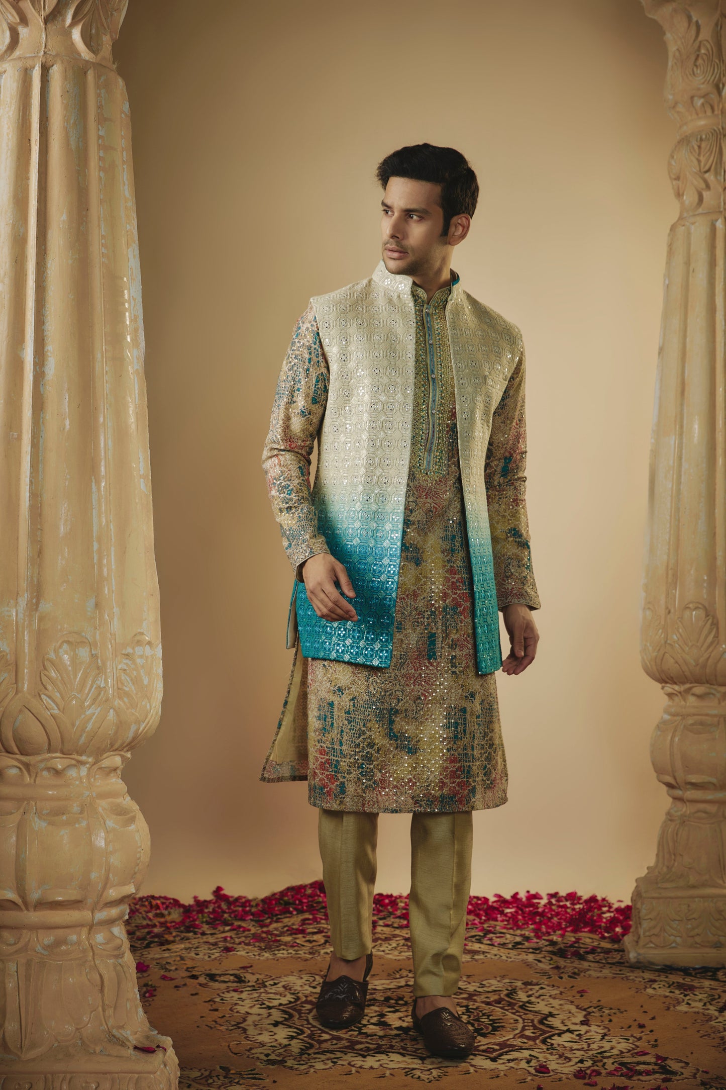 Skycream Multicoloured lucknowi digital print sequinned open kurta jacket set
