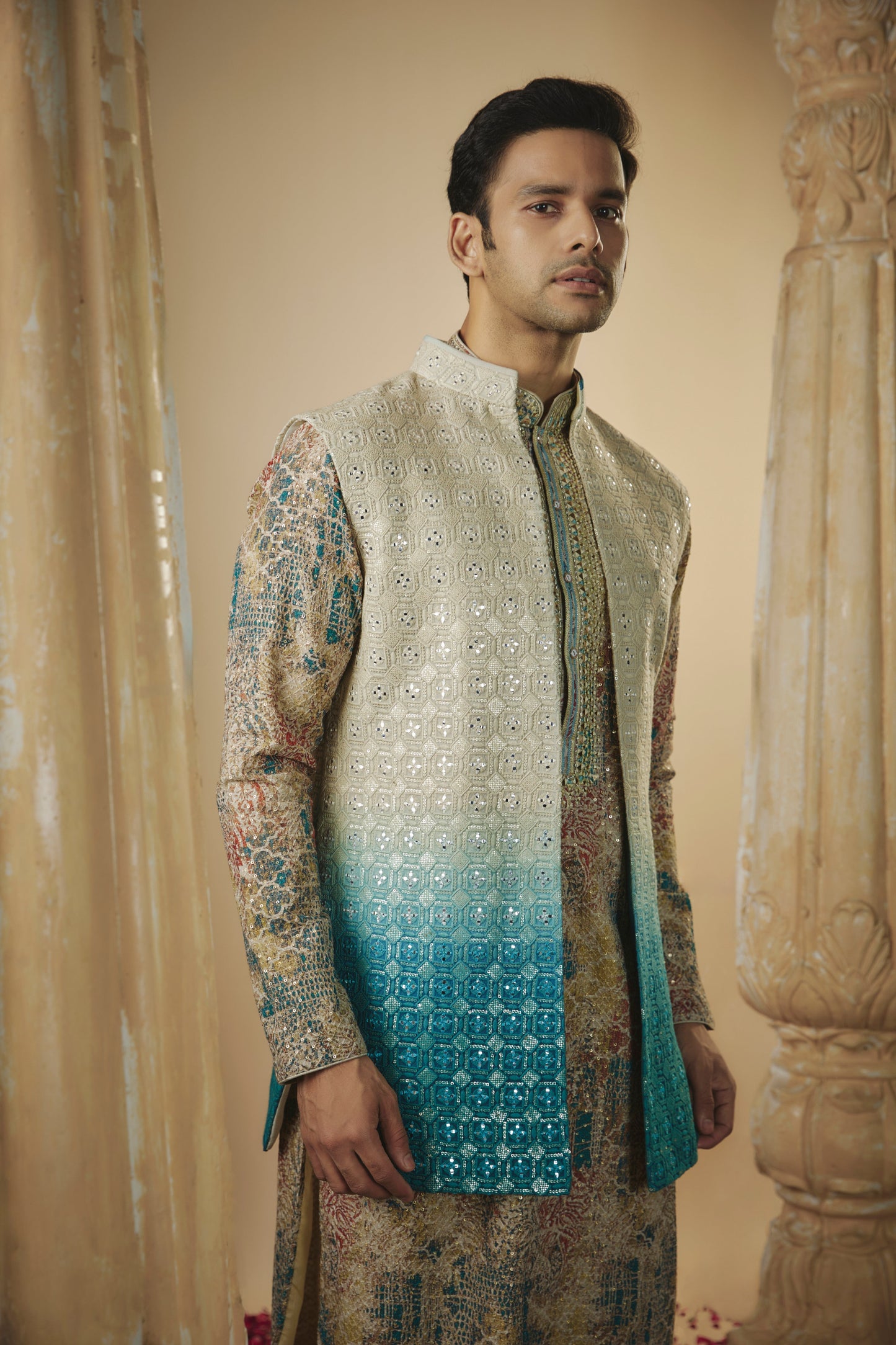 Skycream Multicoloured lucknowi digital print sequinned open kurta jacket set