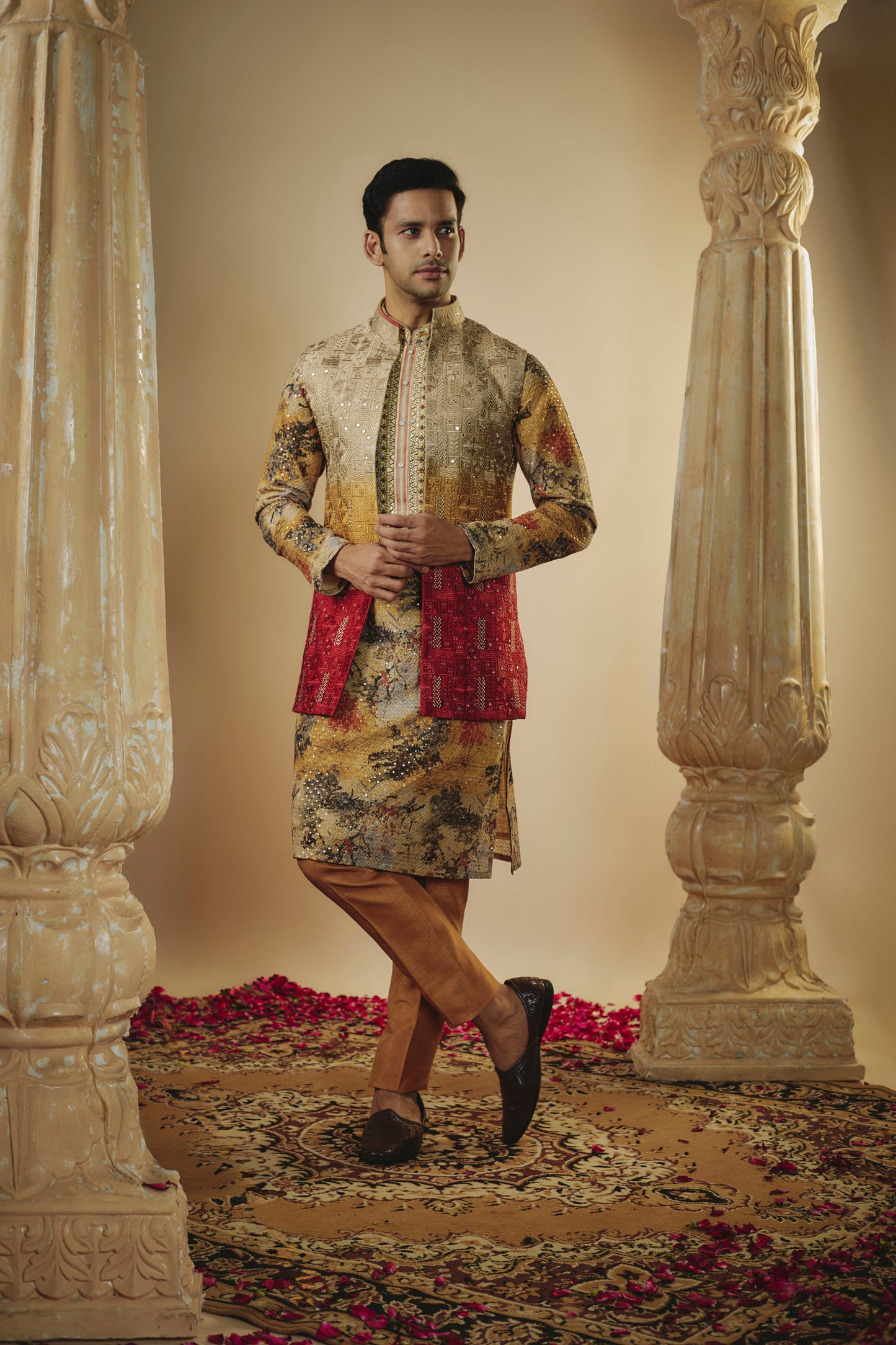 Multicoloured lucknowi digital print sequinned open kurta jacket set