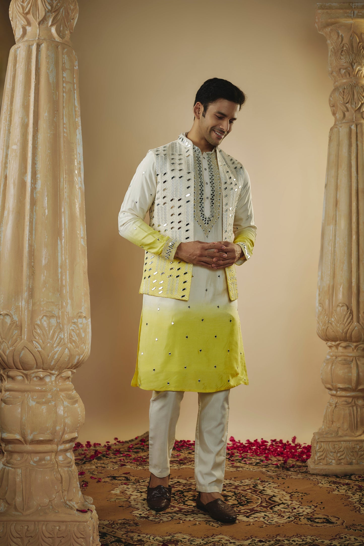 White yellow ombre lucknowi art silk mirror embellished kurta jacket set