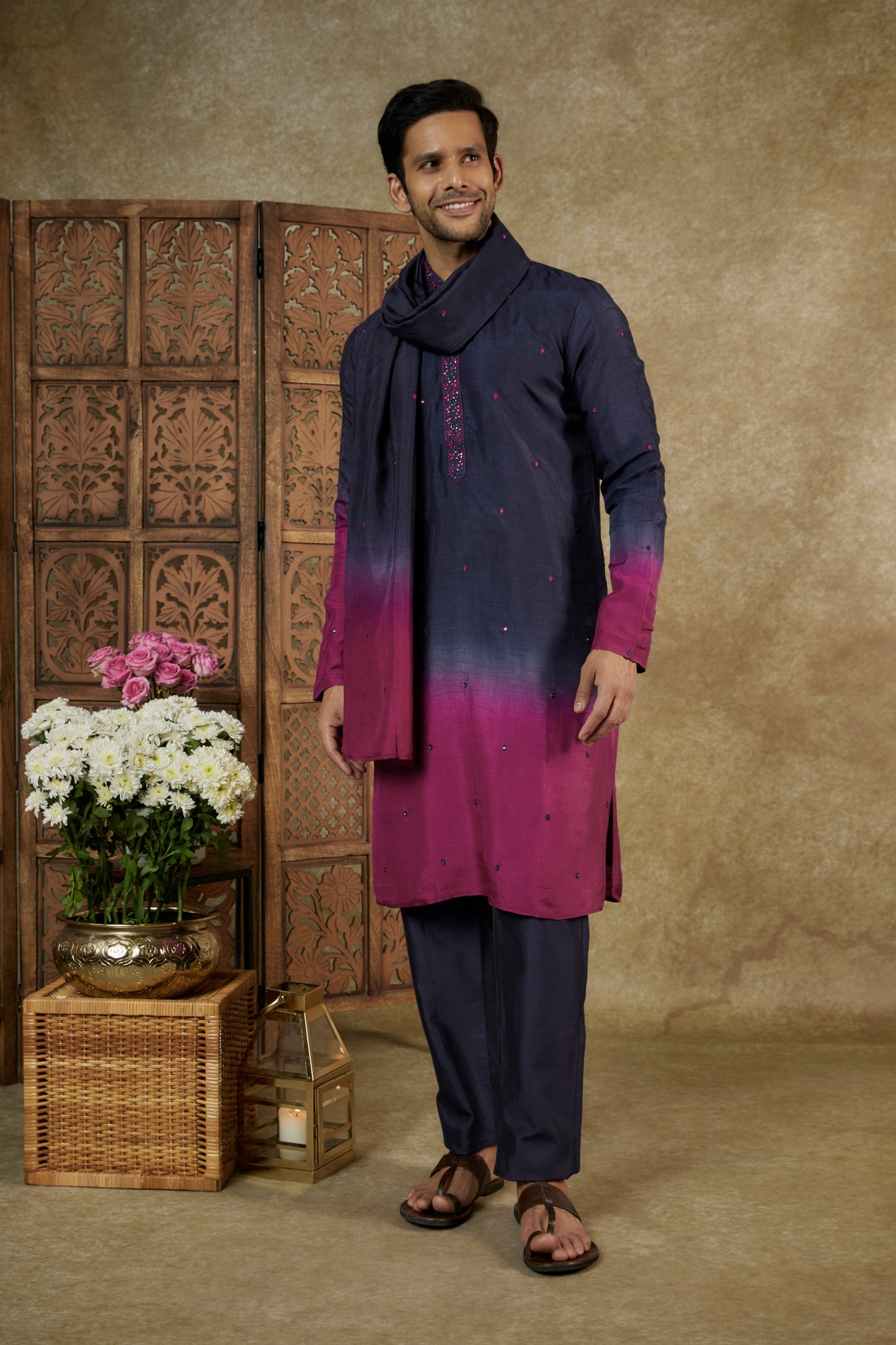 OMBRE BERRY MIRROR AND RESHAM SILK KURTA SET