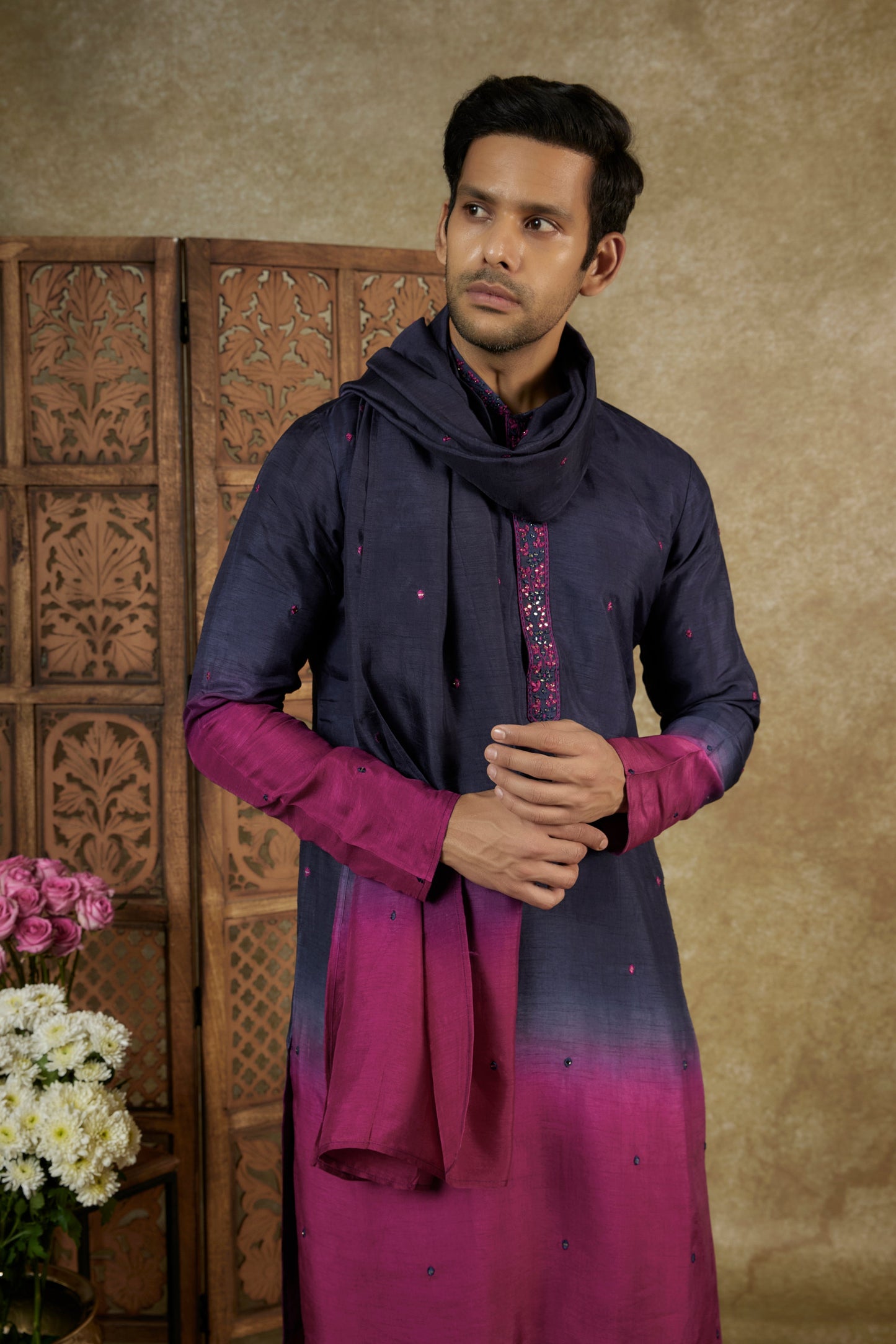 OMBRE BERRY MIRROR AND RESHAM SILK KURTA SET