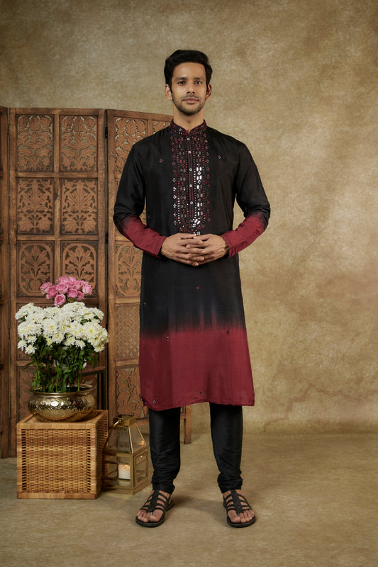 OMBRE BLACK GARNET MIRROR AND RESHAM SILK KURTA SET