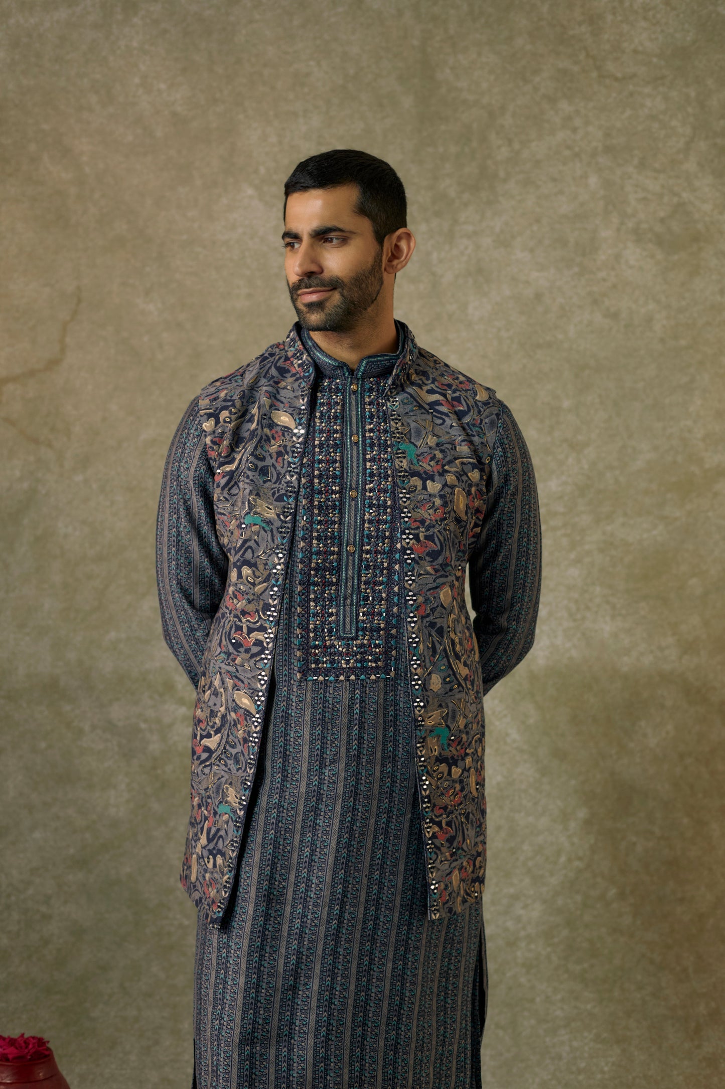Grey printed Splendid silk resham and embroidered Open kurta Jacket set