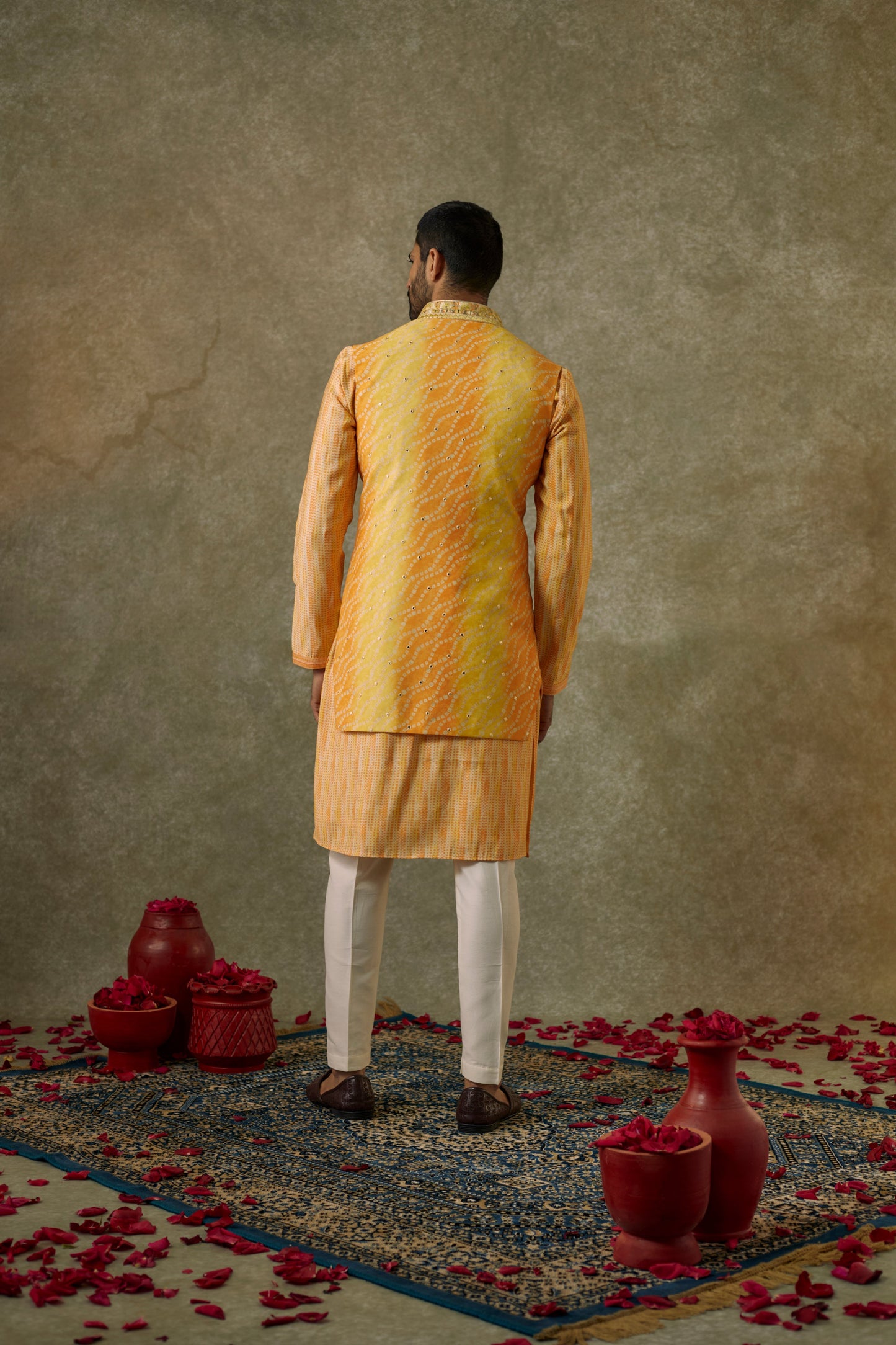 Vivid Yellow printed Splendid silk resham and embroidered Open kurta Jacket set