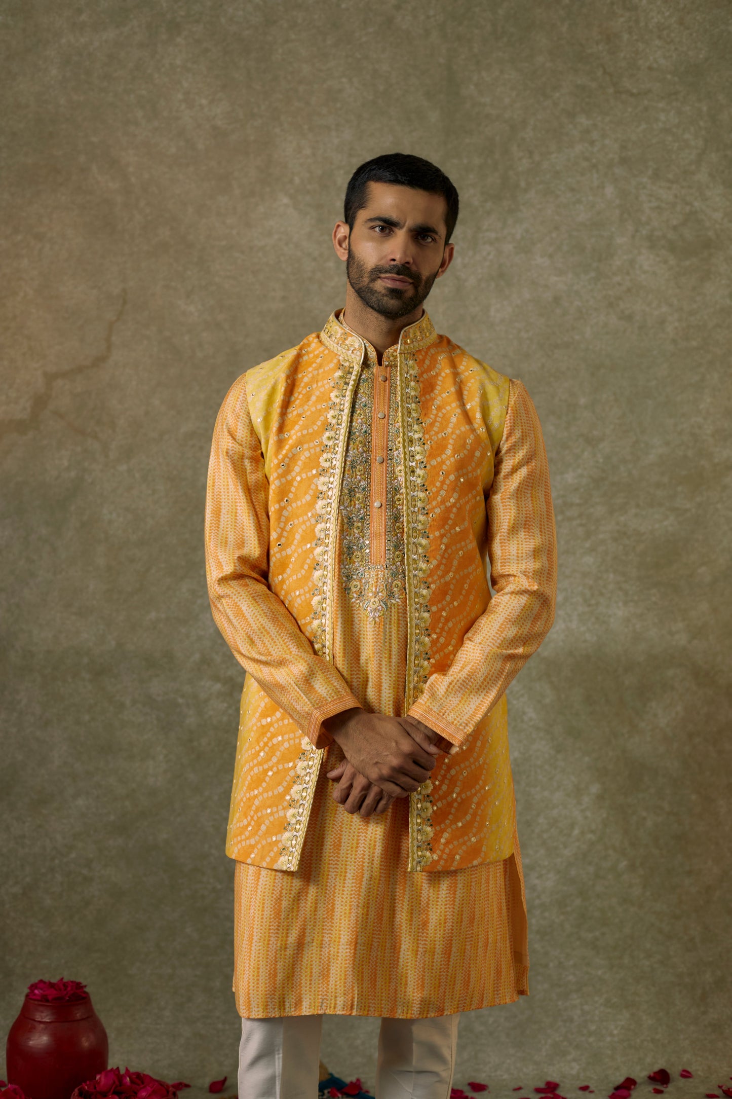 Vivid Yellow printed Splendid silk resham and embroidered Open kurta Jacket set