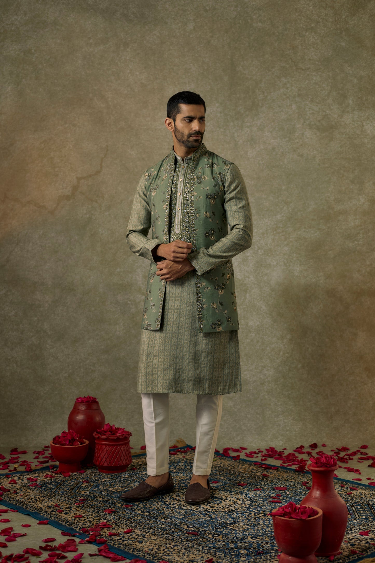 Pistachio printed Splendid silk resham and embroidered Open kurta Jacket set