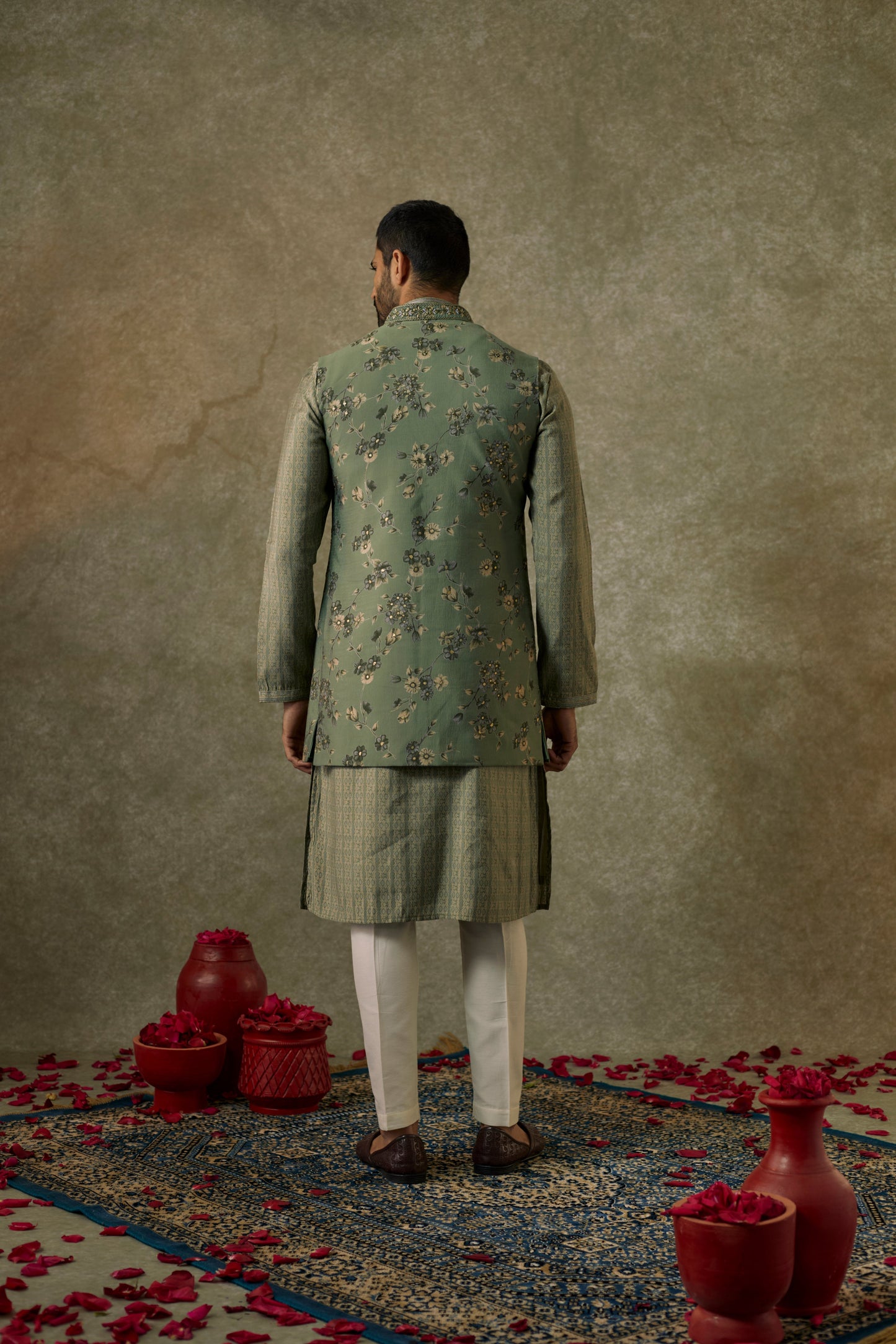 Pistachio printed Splendid silk resham and embroidered Open kurta Jacket set