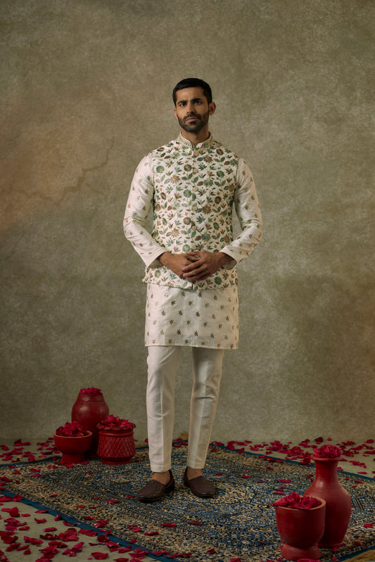 Ivory White Chanderi silk resham Kurta jacket set