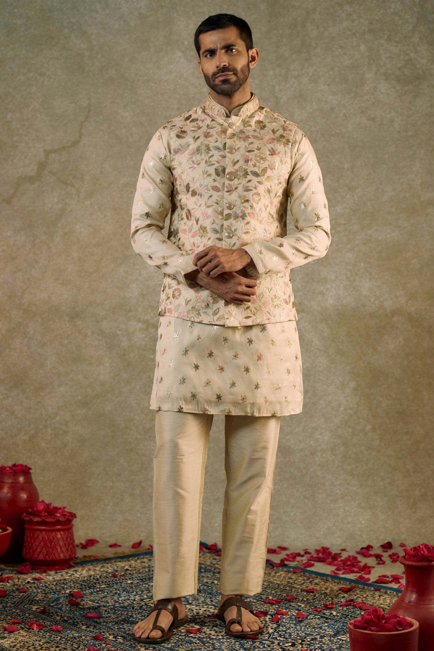 Granola Cream  Cream Chanderi silk resham Kurta jacket set