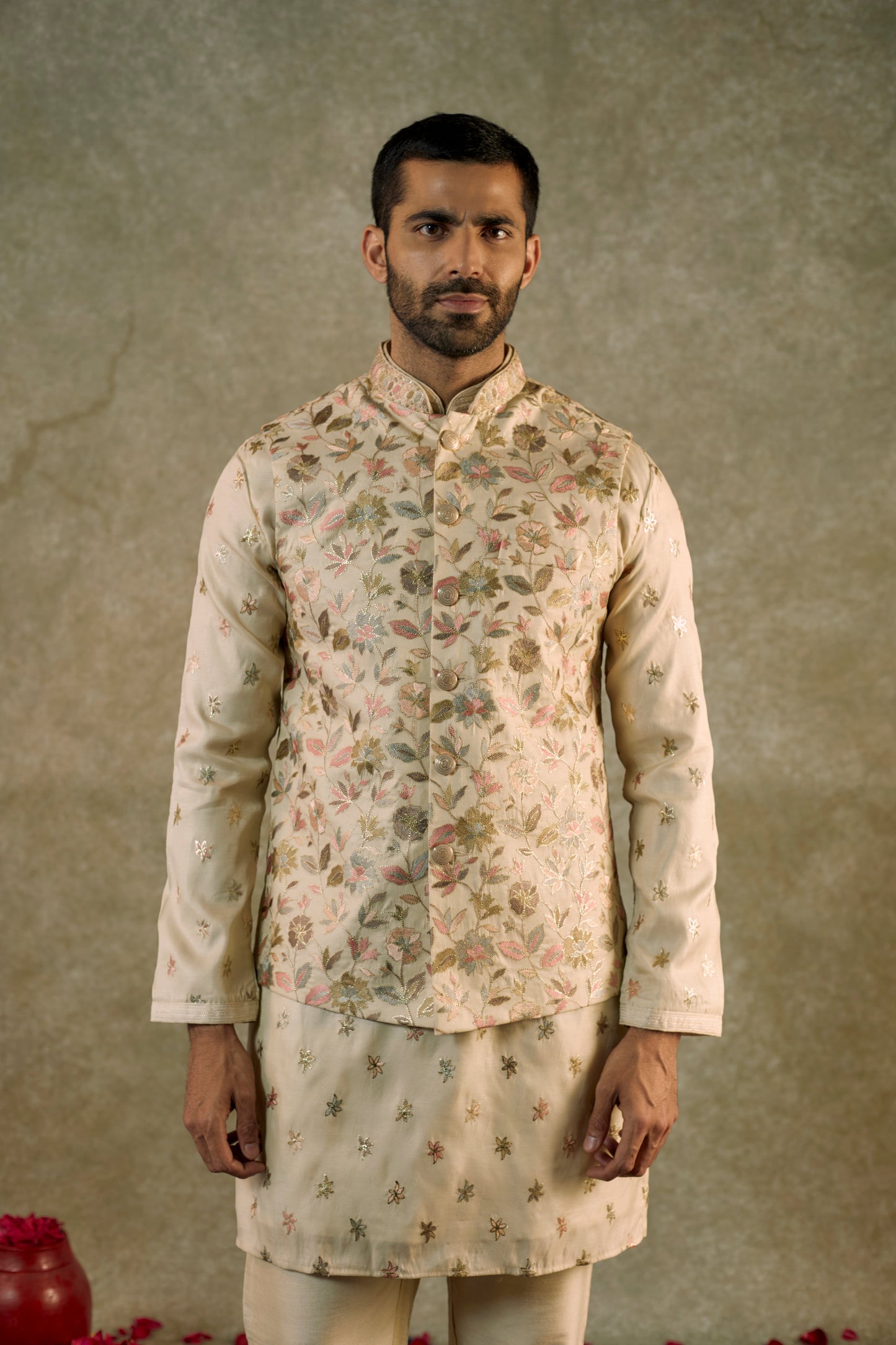 Granola Cream  Cream Chanderi silk resham Kurta jacket set
