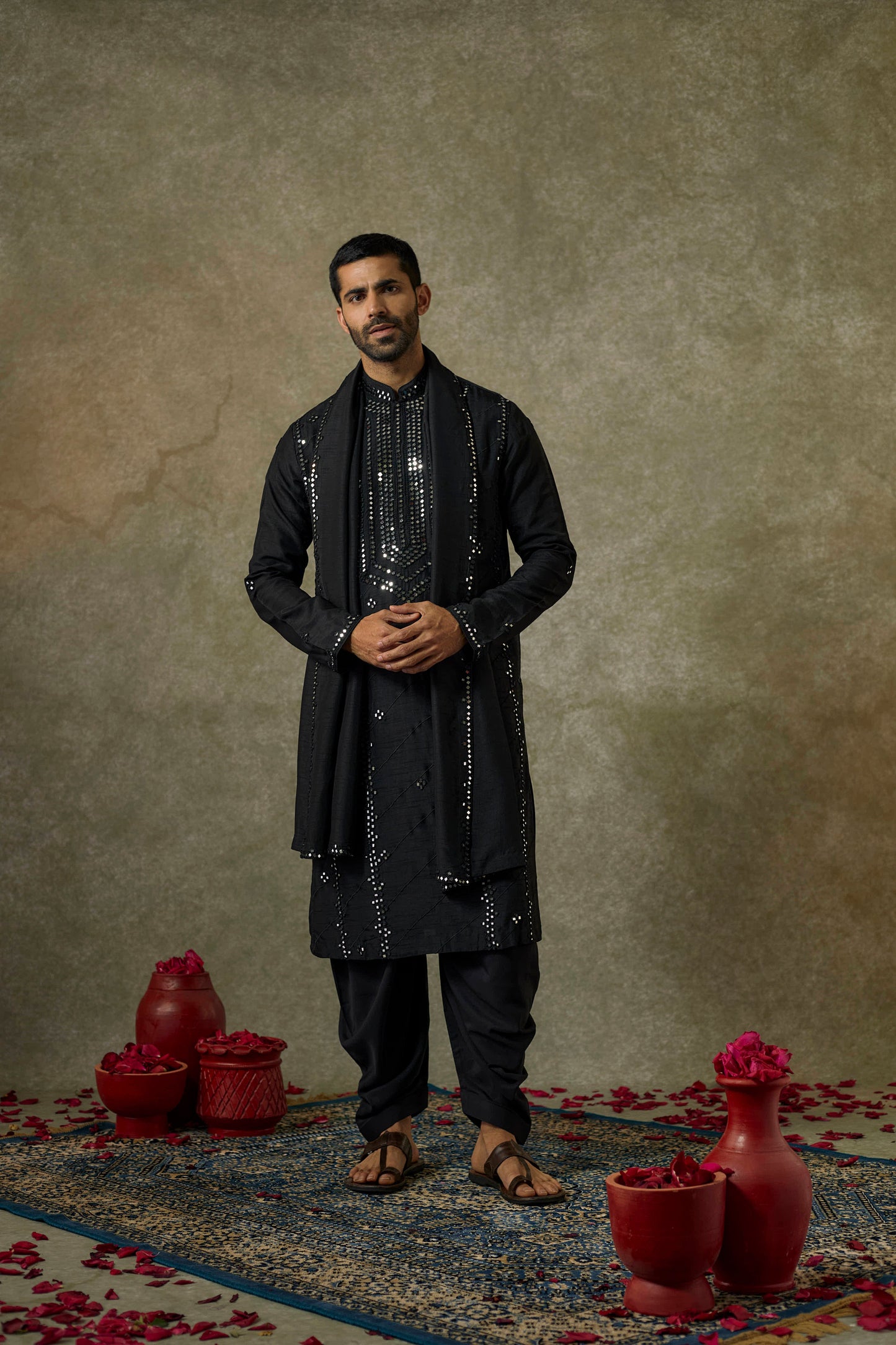 Pitch Black art silk mirror embroidered patiala suit set