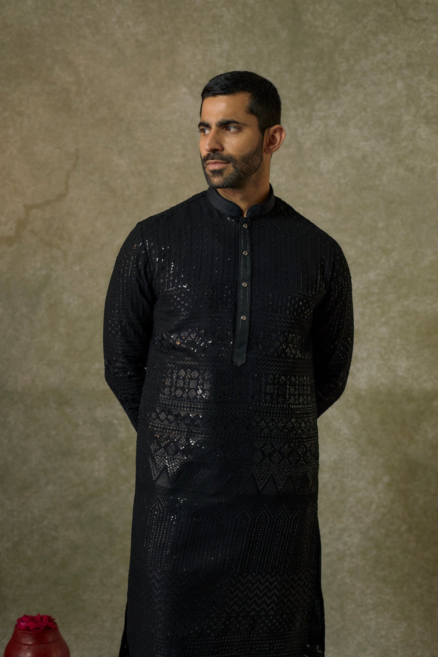 Jet Black Sequins Lucknowi Kurta Pajama Set