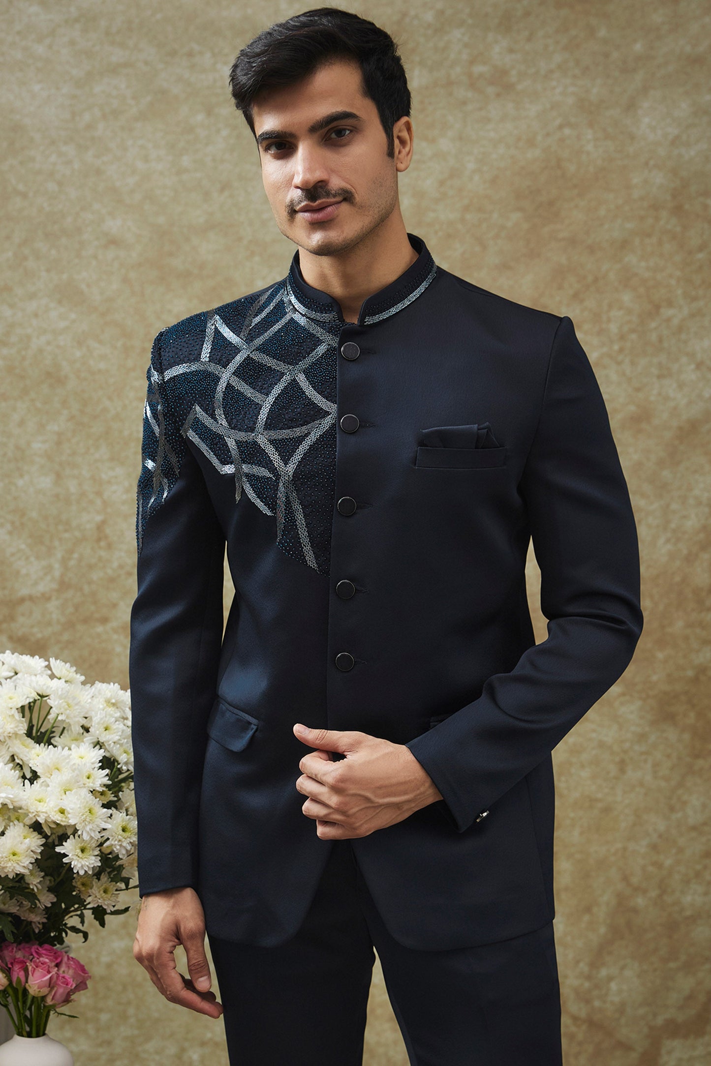 Navy Blue Color Imported Italian Jodhpuri Set