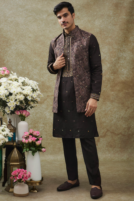 Coal Black Splendid Silk Kurta Jacket Set