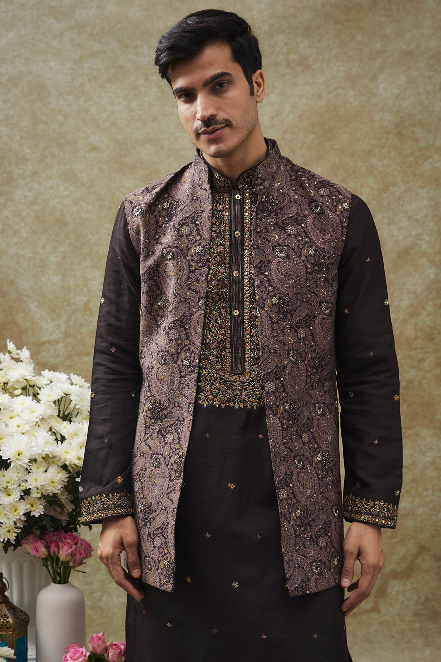 Coal Black Splendid Silk Kurta Jacket Set