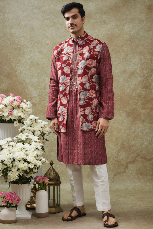 Apple Red Splendid Silk Kurta Jacket Set