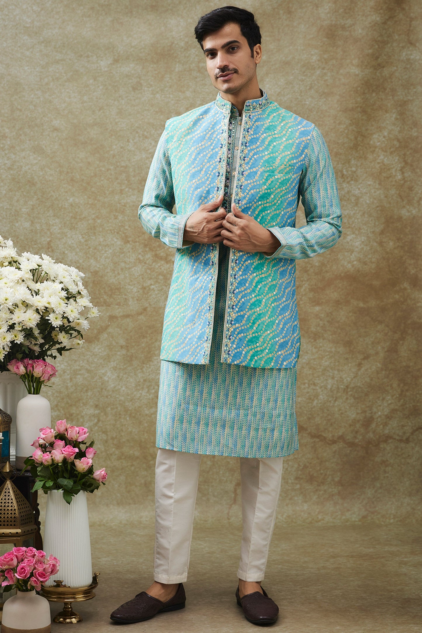 Turquoise Blue Art Silk Koti Kurta Set