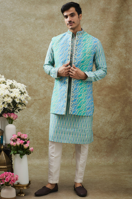 Turquoise Blue Art Silk Koti Kurta Set