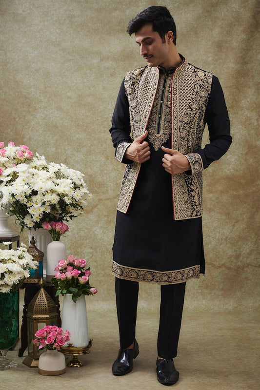 Black Splendid Silk Jacket Kurta Set