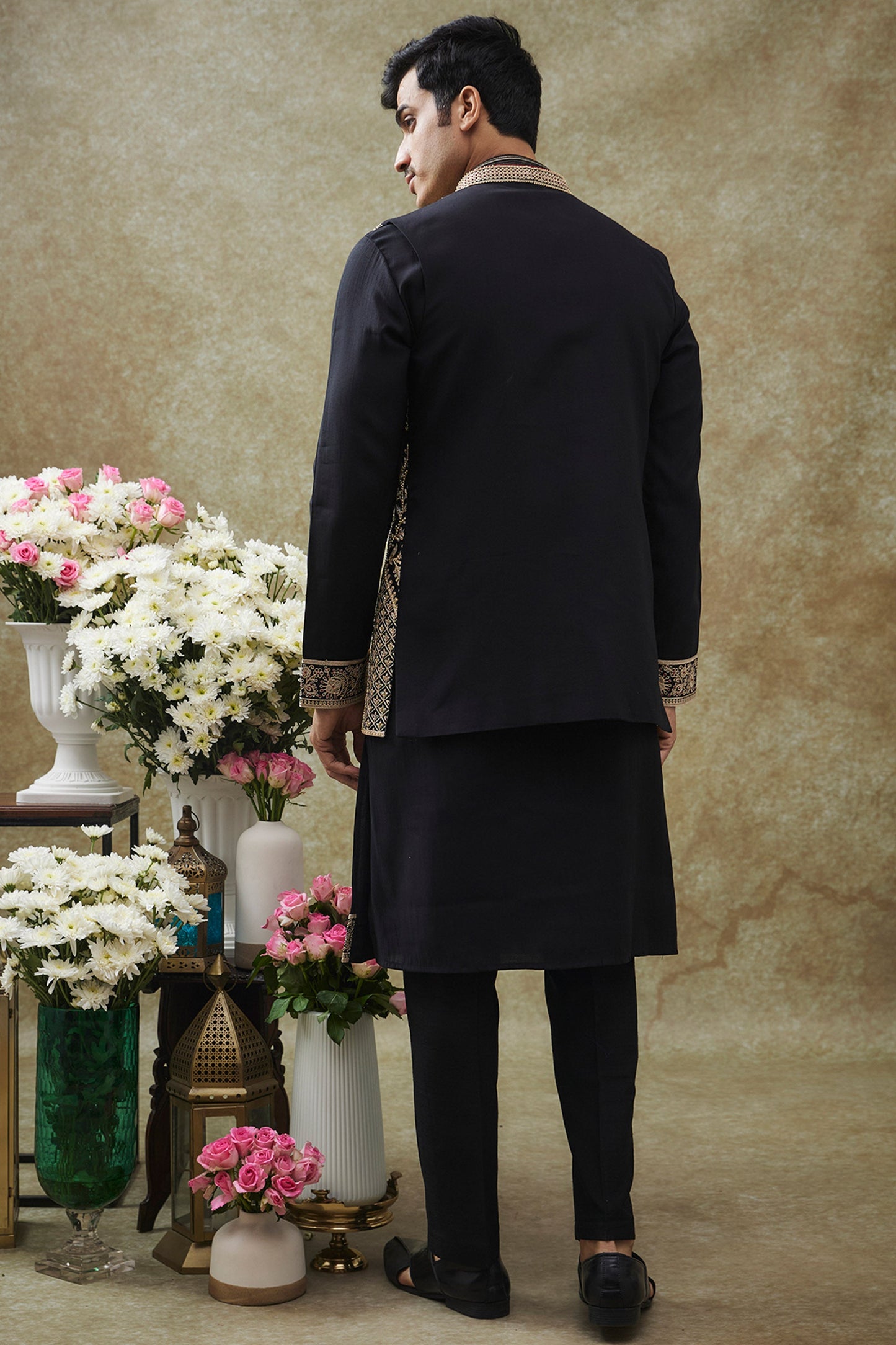 Black Splendid Silk Jacket Kurta Set