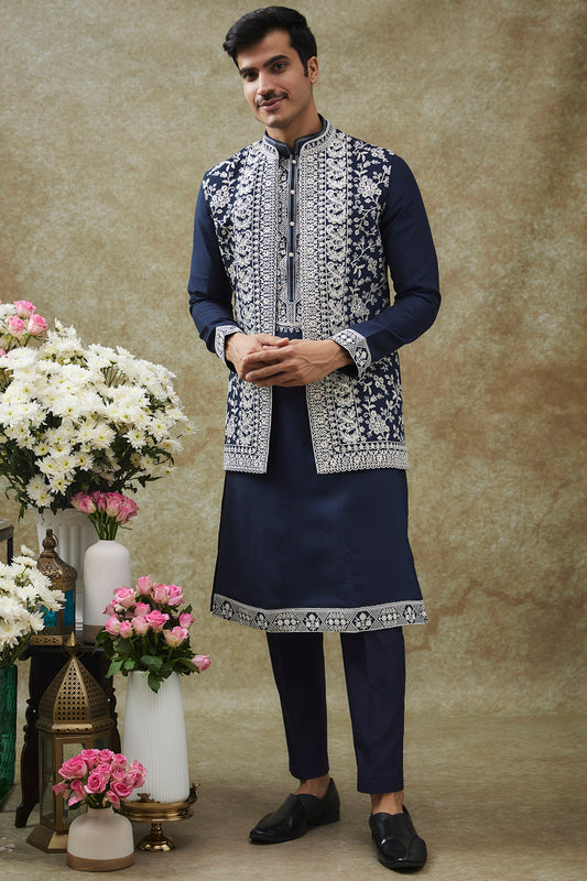 Blue Splendid Silk Jacket Kurta Set