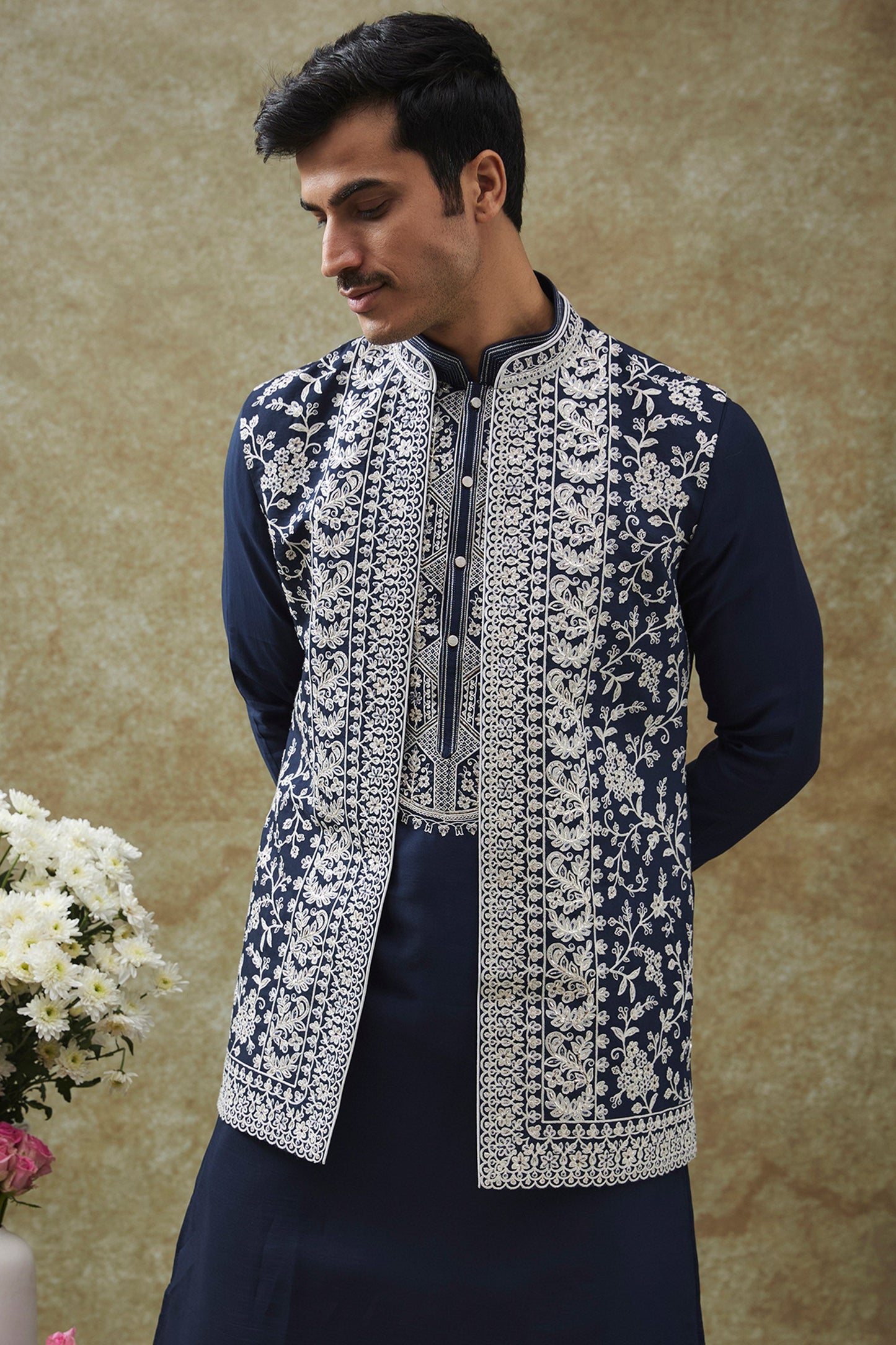 Blue Splendid Silk Jacket Kurta Set
