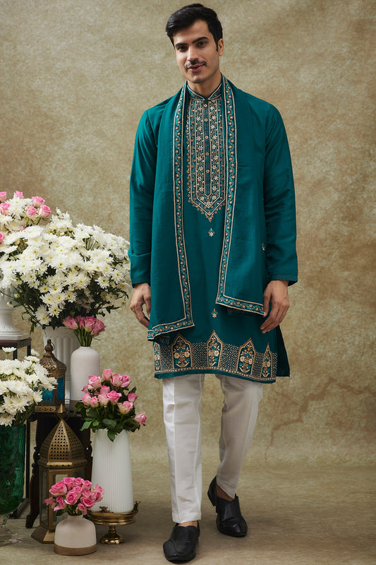 Cobalt Blue Splendid Silk Resham Kurta Pajama Set