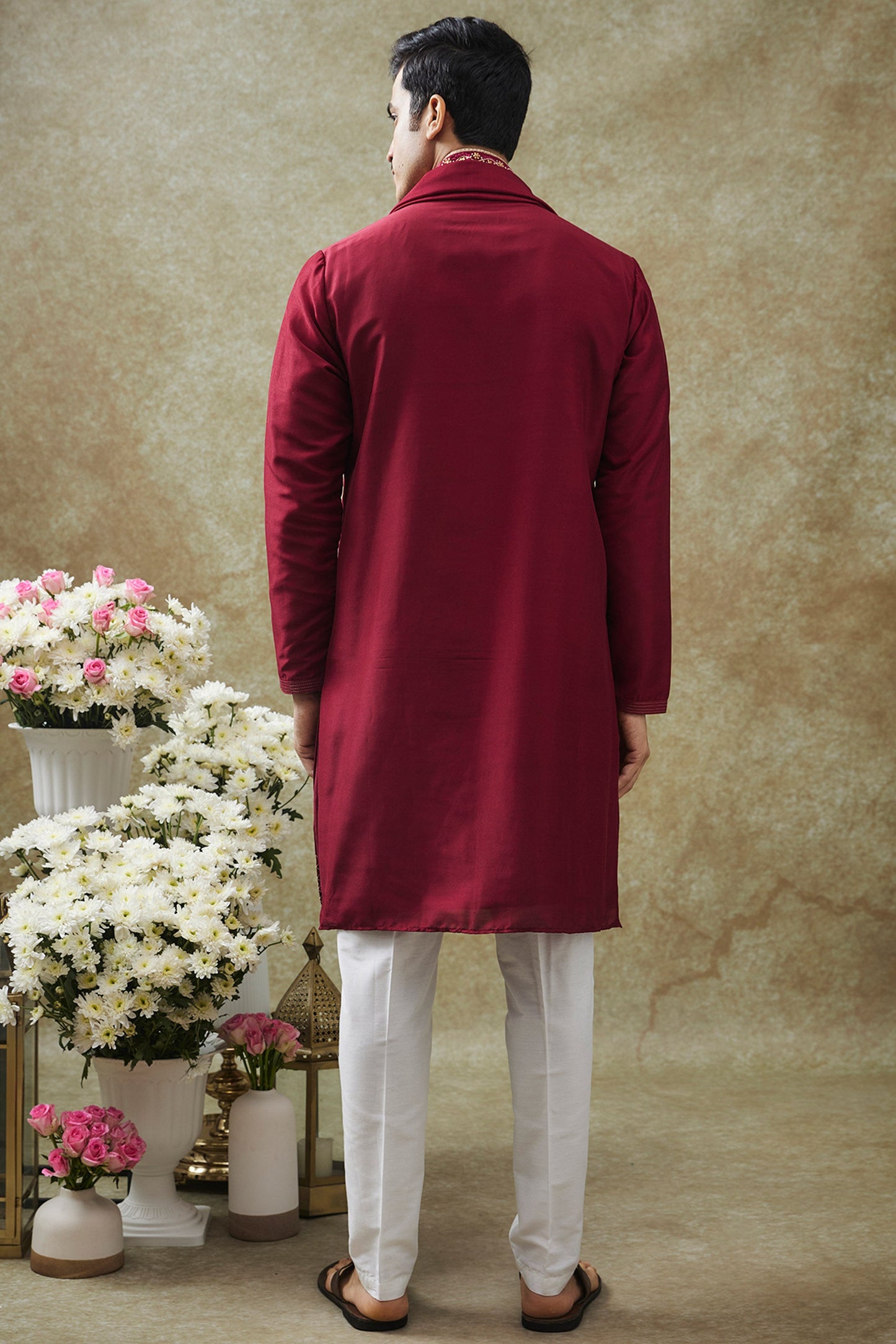 Cherry Red Splendid Silk Resham Kurta Pajama Set