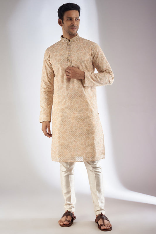 Peach Silk Embroidered Kurta Set