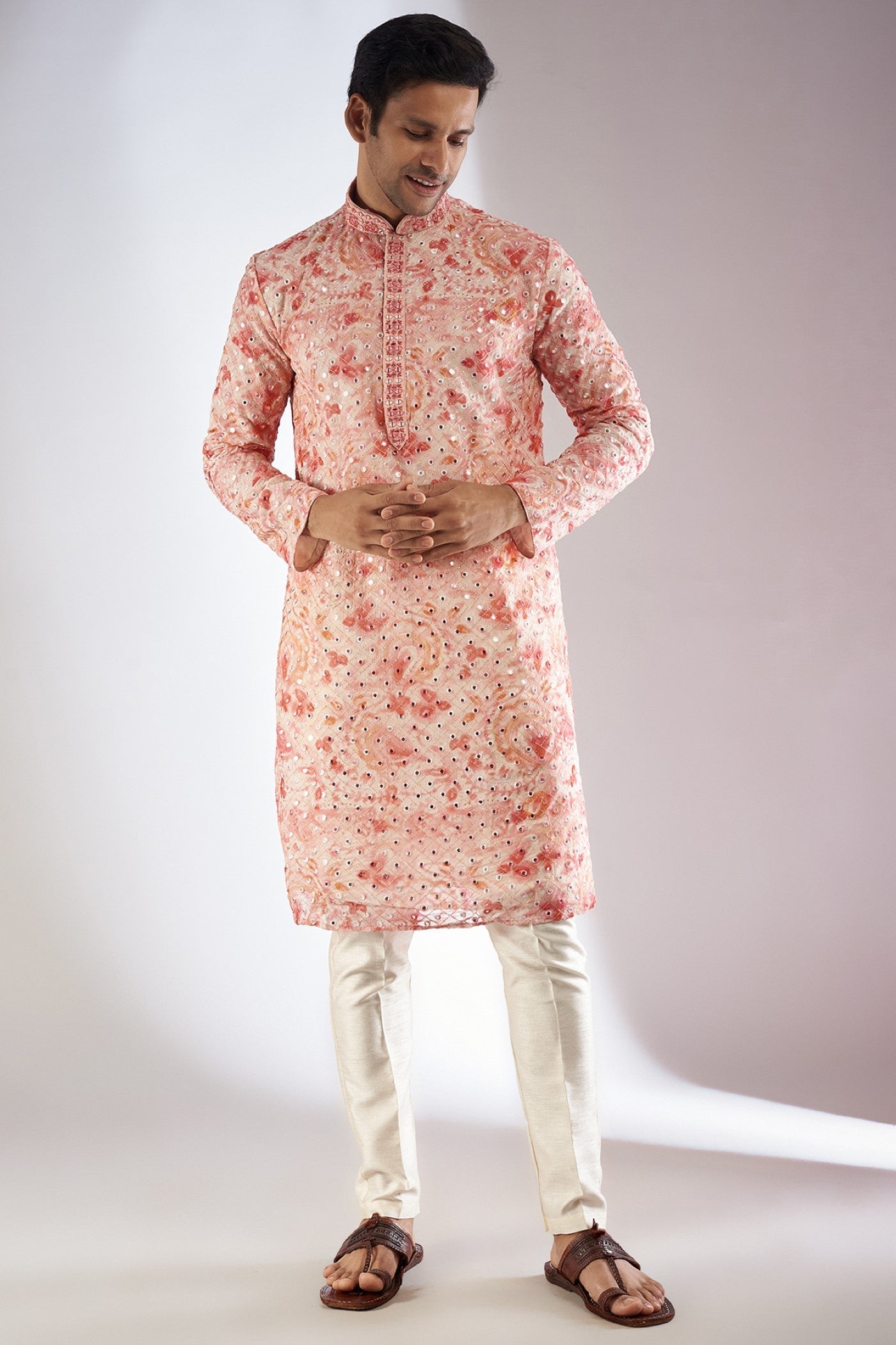 Pink Silk Printed & Embroidered Kurta Set