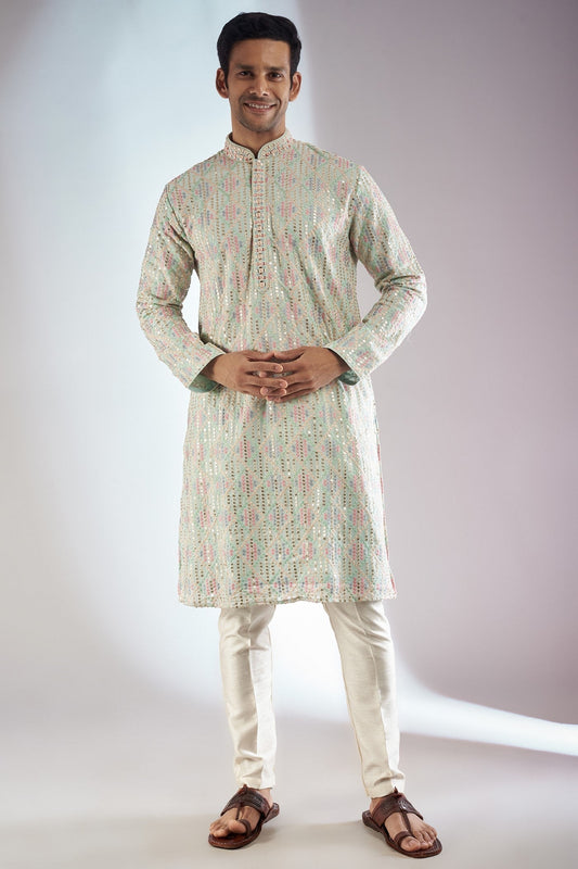 Pista Silk Embroidered Kurta Set
