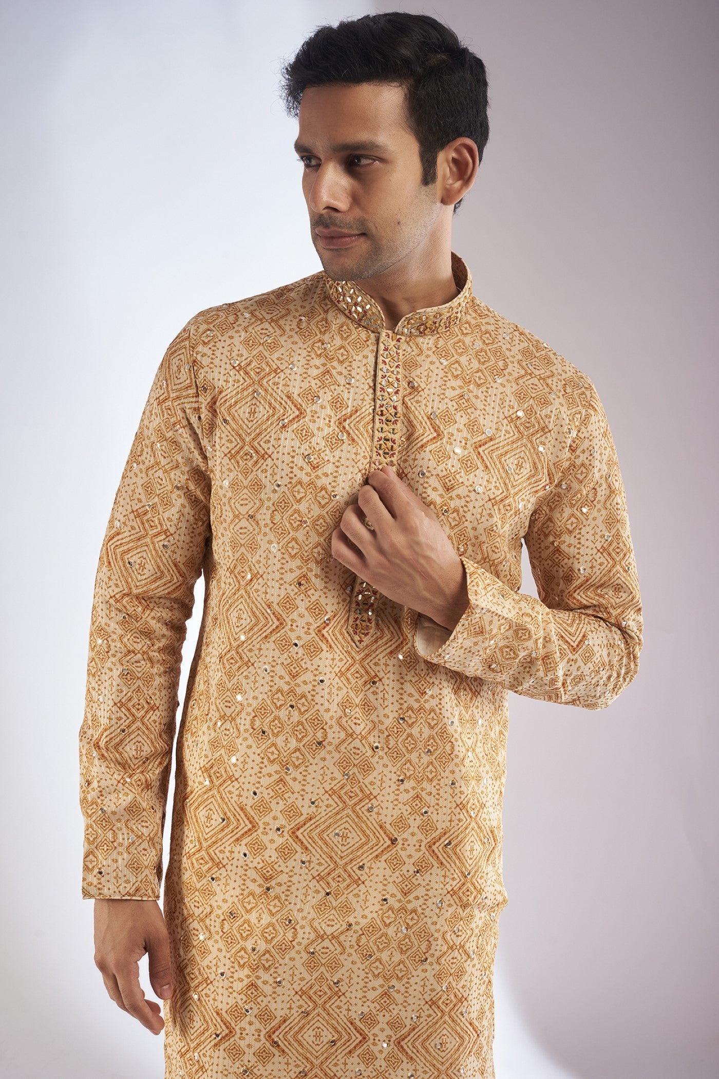 Mustard Silk Printed & Embroidered Kurta Set