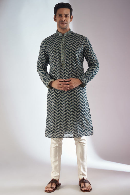 Blue Silk Printed & Embroidered Kurta Set