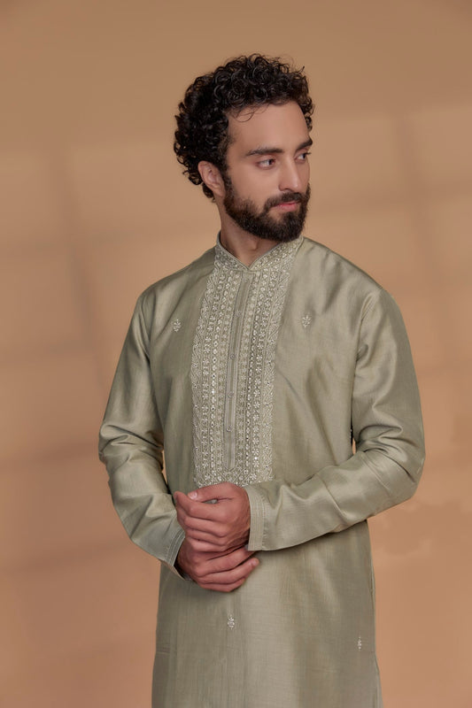 Mocha Brown Silk Hand Embroidered Kurta Set