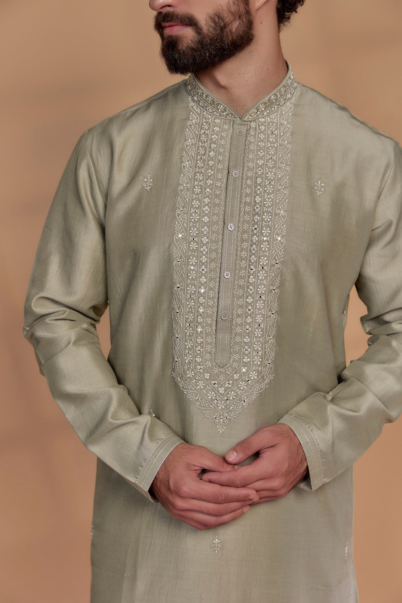 Mocha Brown Silk Hand Embroidered Kurta Set