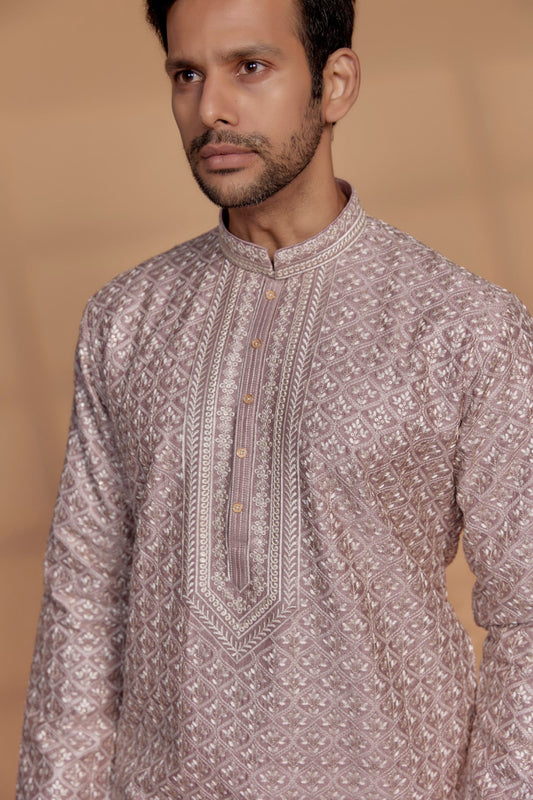 Rose Gold Silk Hand Embroidered Kurta Set