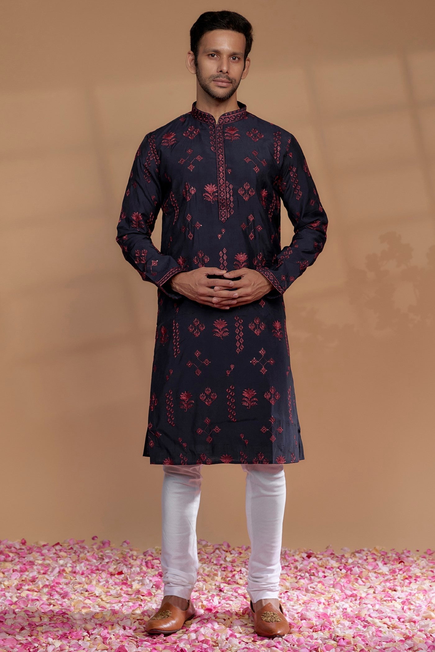 Navy Blue Silk Embroidered Kurta Set