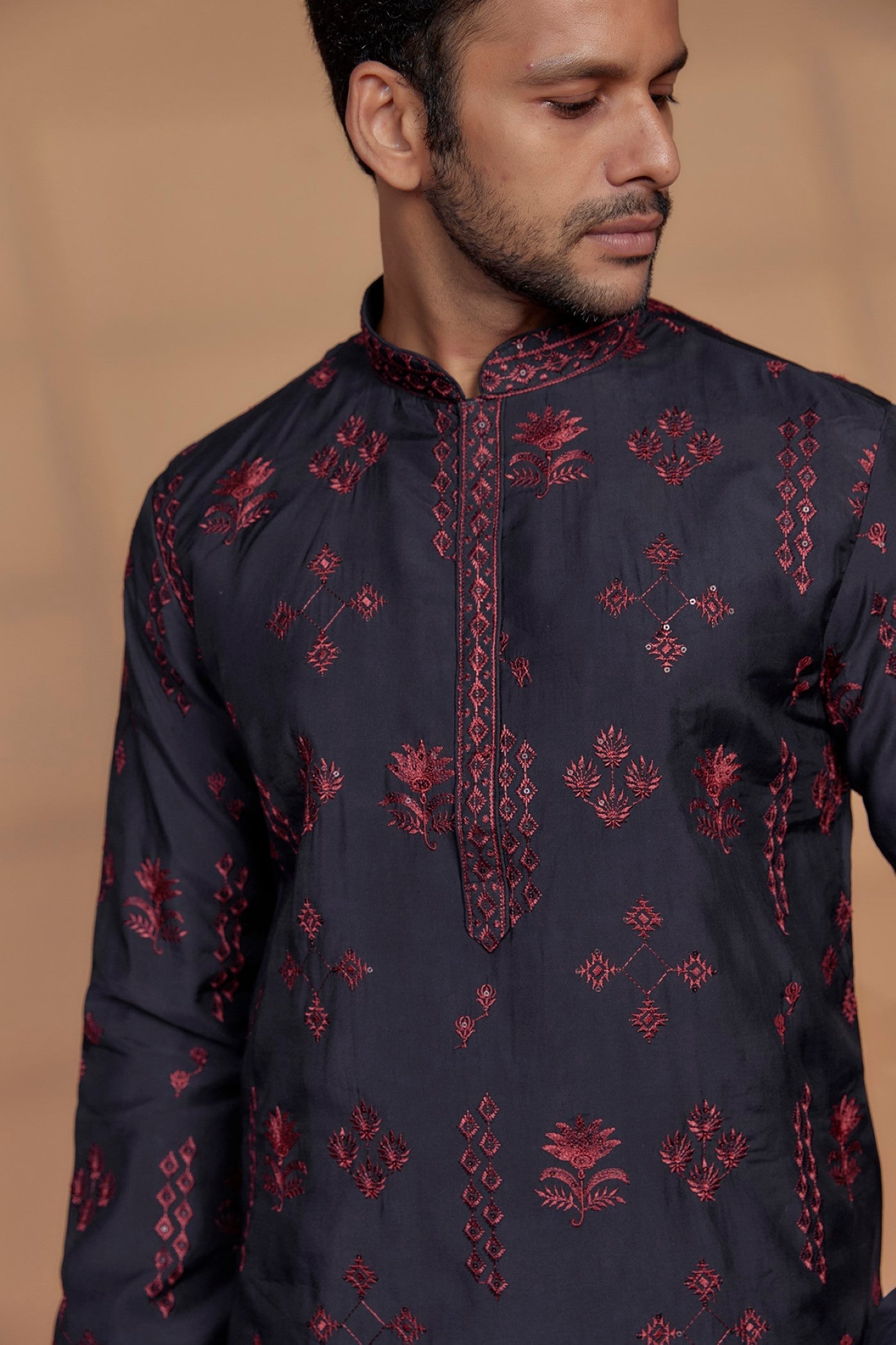 Navy Blue Silk Embroidered Kurta Set