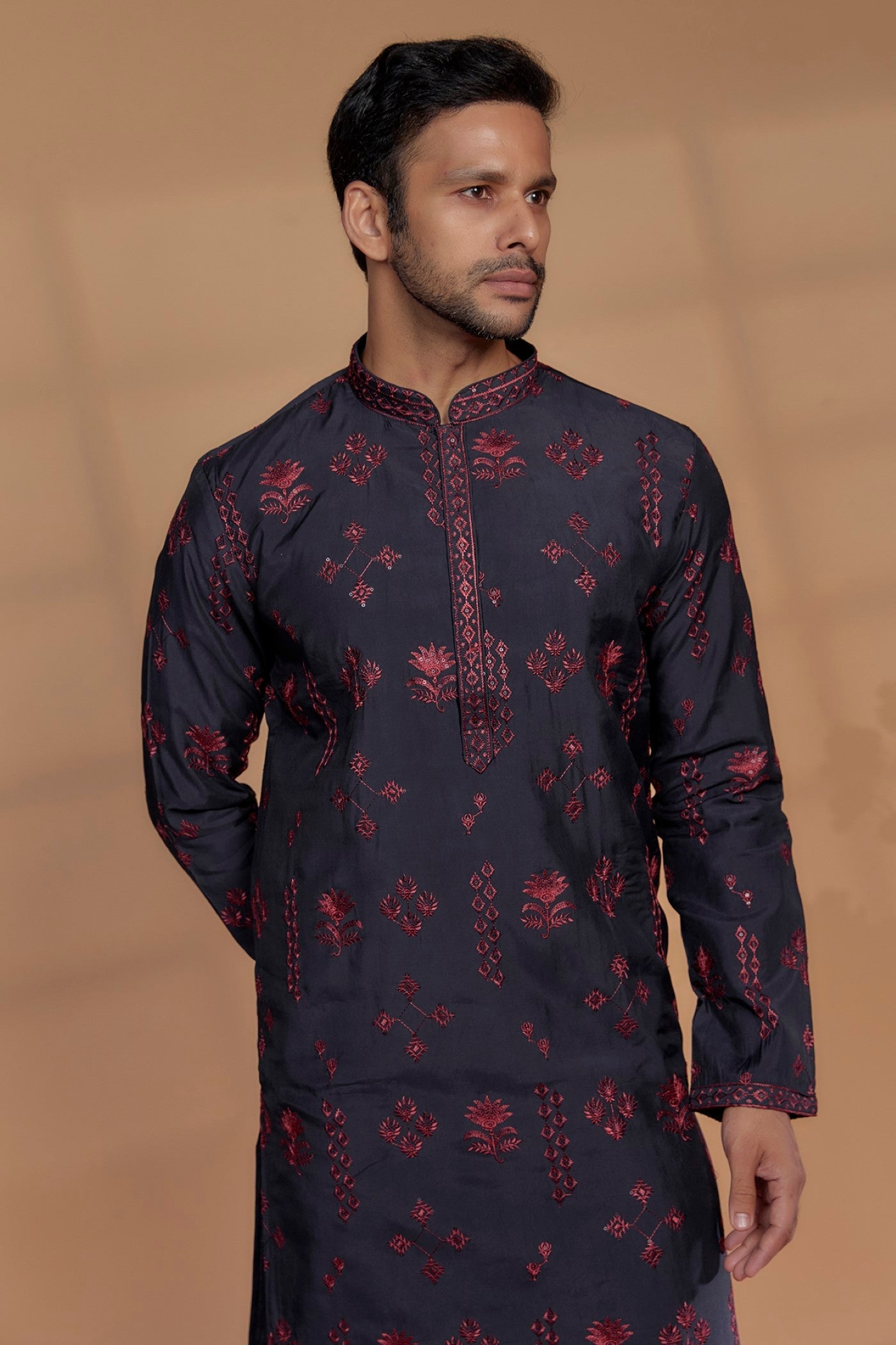 Navy Blue Silk Embroidered Kurta Set