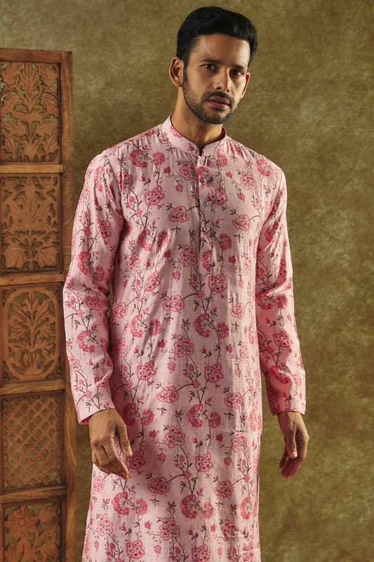 Salmon Pink Printed Silk kurta pajama set