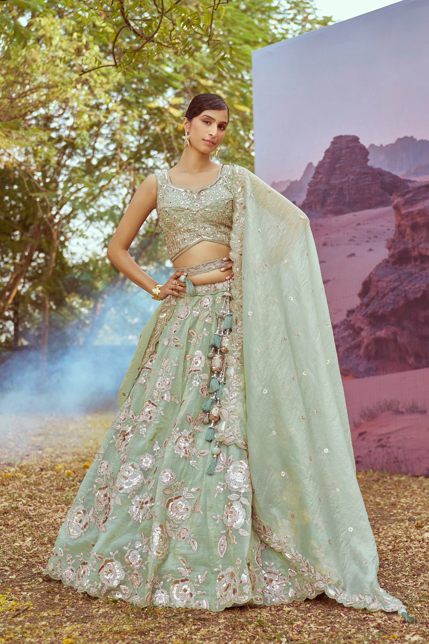 Lime Green Organza Sequins embroidery Bridal Lehenga