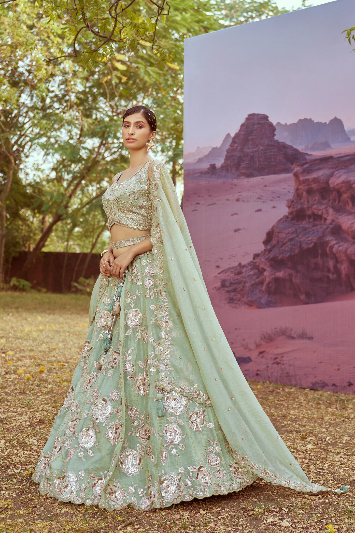 Lime Green Organza Sequins embroidery Bridal Lehenga