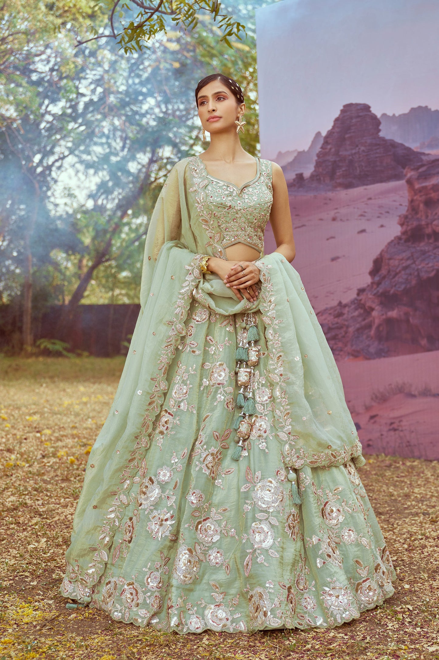 Lime Green Organza Sequins embroidery Bridal Lehenga