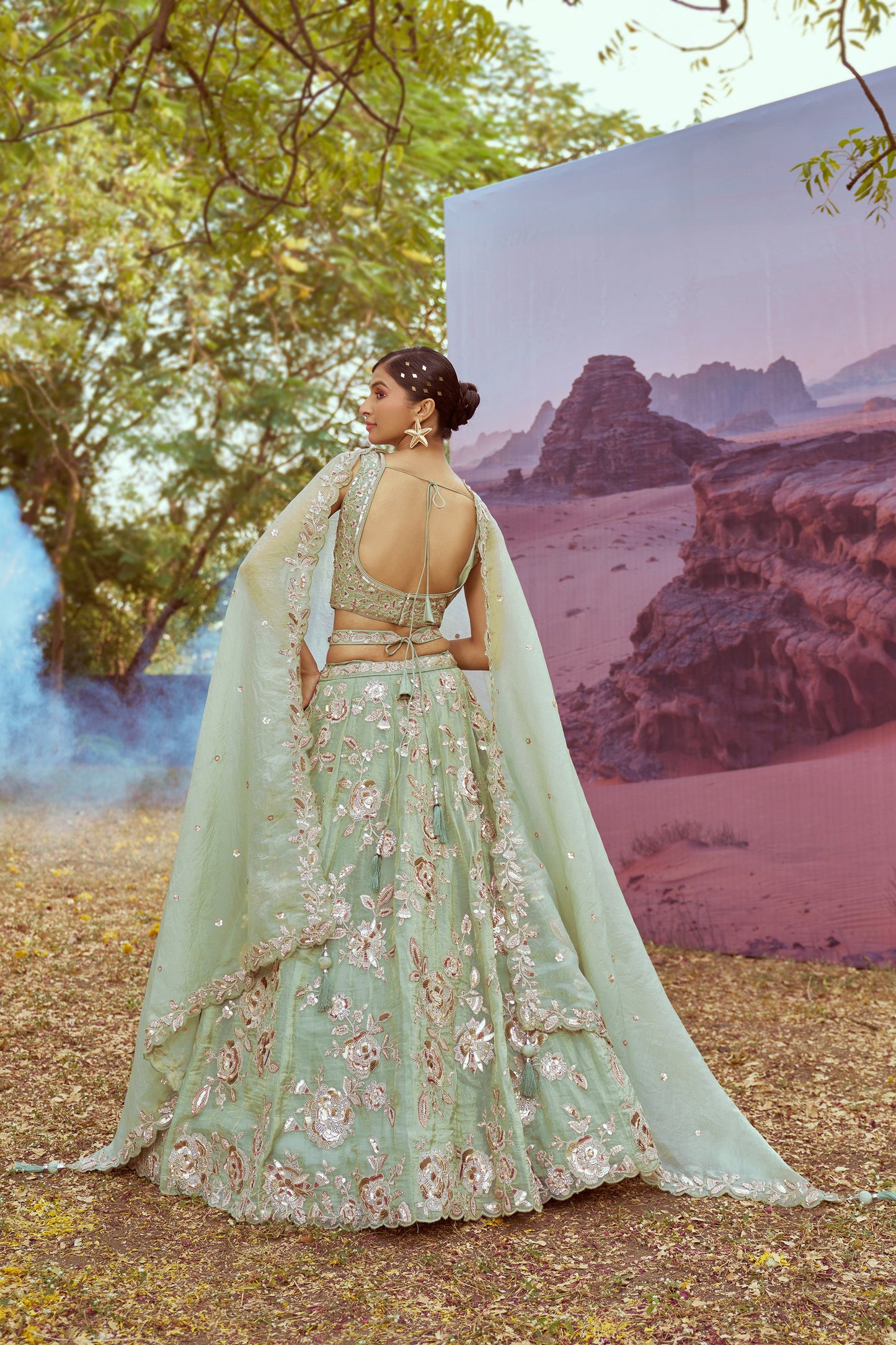 Lime Green Organza Sequins embroidery Bridal Lehenga